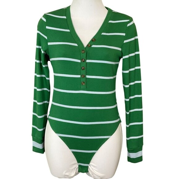 La Ligne X Target Green Light Blue Striped LS V-Neck Button-Front Bodysuit XS - Picture 1 of 7